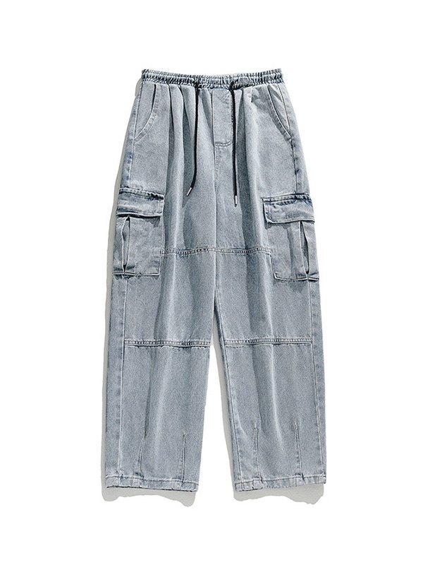 Jeans cargo sueltos de mezclilla con lavado vintage para hombre-4