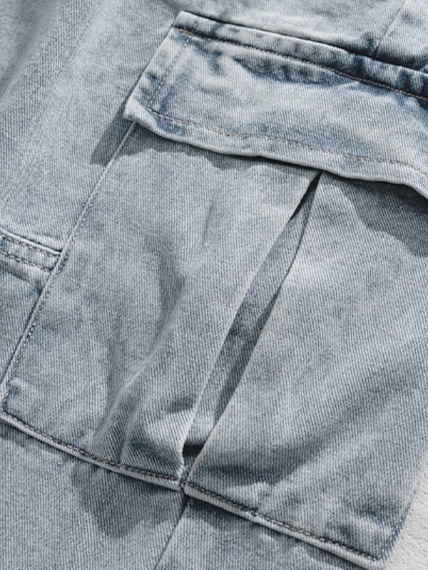 Jeans cargo sueltos de mezclilla con lavado vintage para hombre-3