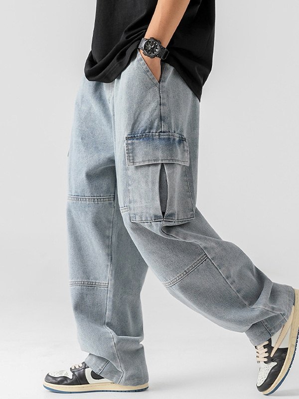 Jeans cargo sueltos de mezclilla con lavado vintage para hombre-1