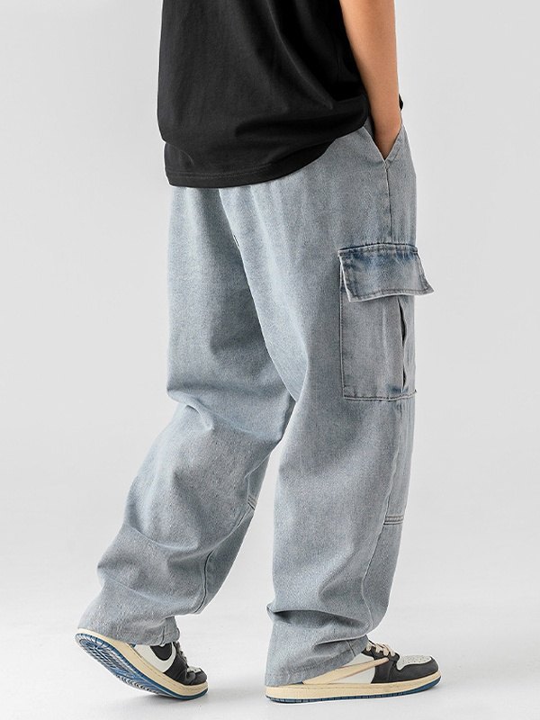 Jeans cargo sueltos de mezclilla con lavado vintage para hombre-2