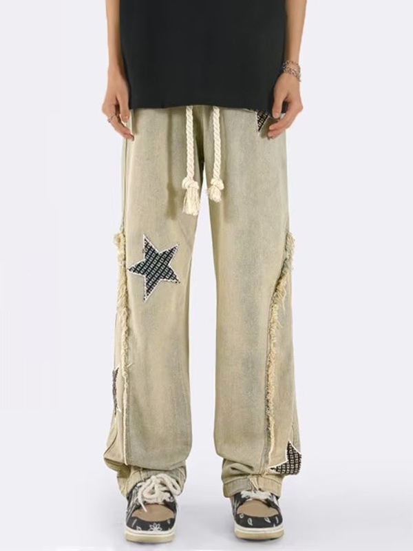 Jeans sueltos de patchwork con bordado de estrellas para hombre-4