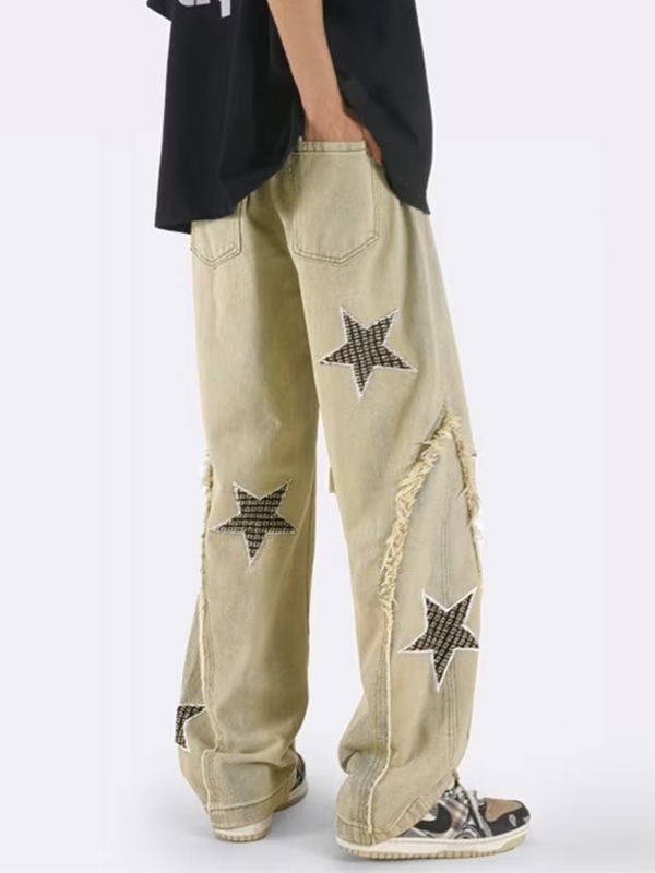 Jeans sueltos de patchwork con bordado de estrellas para hombre-1