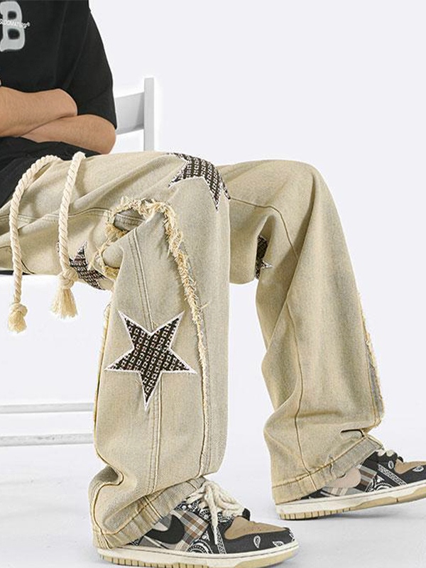 Jeans sueltos de patchwork con bordado de estrellas para hombre-3