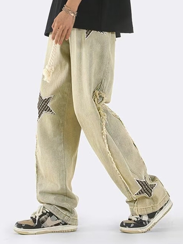 Jeans sueltos de patchwork con bordado de estrellas para hombre-2