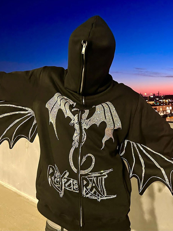 Sudadera con capucha extragrande con diseño de murciélago y diamantes de imitación de dragón para hombre-2