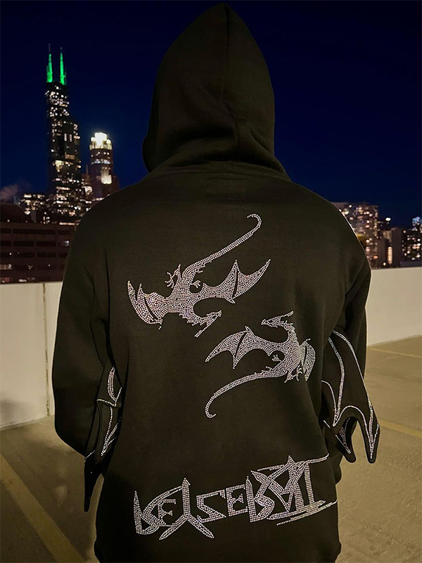 Sudadera con capucha extragrande con diseño de murciélago y diamantes de imitación de dragón para hombre-1