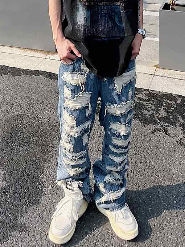 Jeans sueltos acampanados rasgados lavados para hombre-3