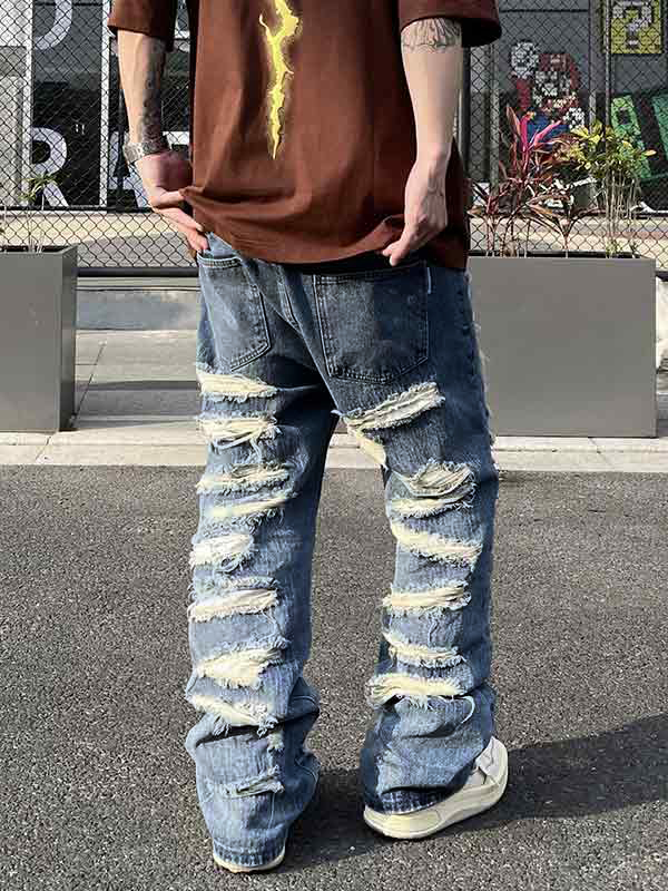 Jeans sueltos acampanados rasgados lavados para hombre-1