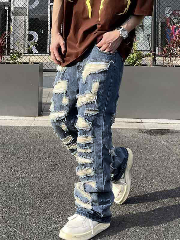 Jeans sueltos acampanados rasgados lavados para hombre-2
