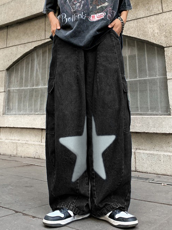 Vaqueros cargo con bolsillo grande y estampado de estrellas para hombre-2