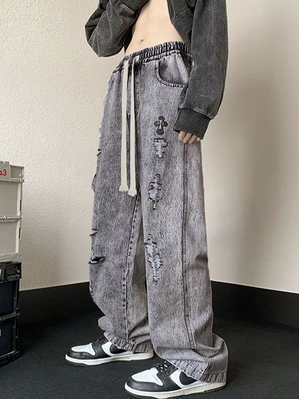 Vaqueros holgados con cordón rasgado y lavado gris para hombre-2