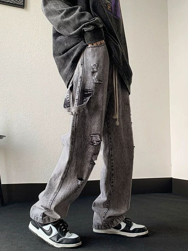 Vaqueros holgados con cordón rasgado y lavado gris para hombre-1