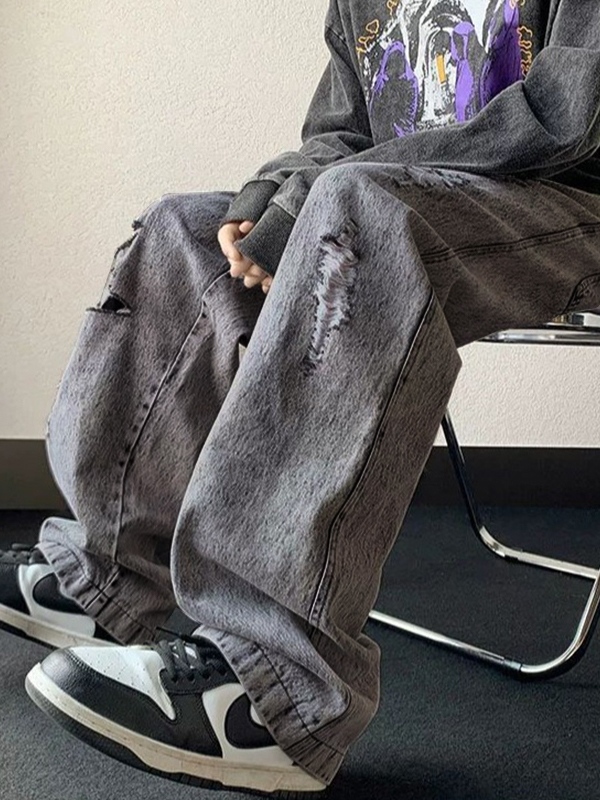 Vaqueros holgados con cordón rasgado y lavado gris para hombre-4
