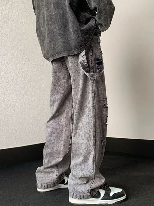 Vaqueros holgados con cordón rasgado y lavado gris para hombre-5