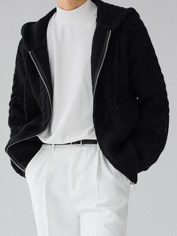 Sudadera con capucha extragrande de punto trenzado liso con cremallera para hombre-2