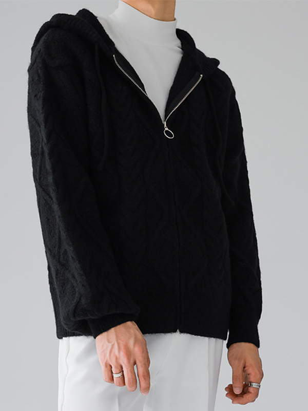 Sudadera con capucha extragrande de punto trenzado liso con cremallera para hombre-1