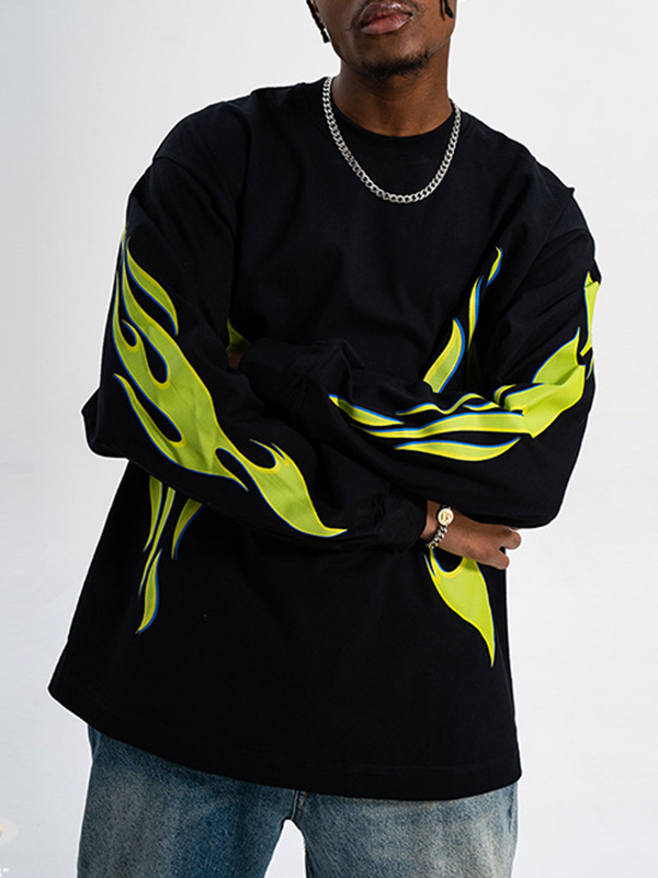 Camiseta de manga larga con estampado de llamas verde luminoso para hombre-3