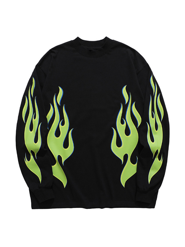 Camiseta de manga larga con estampado de llamas verde luminoso para hombre-5