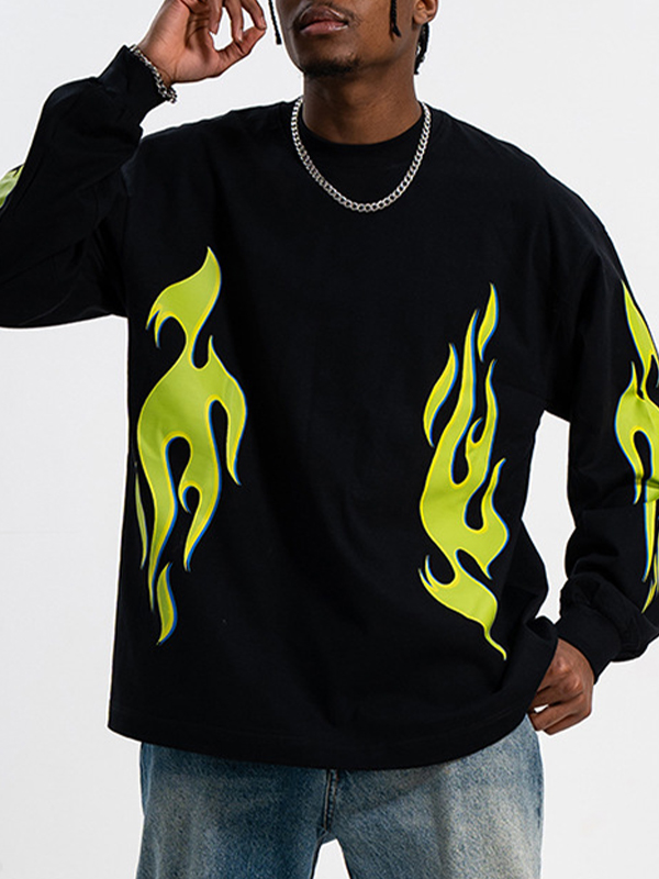 Camiseta de manga larga con estampado de llamas verde luminoso para hombre-2