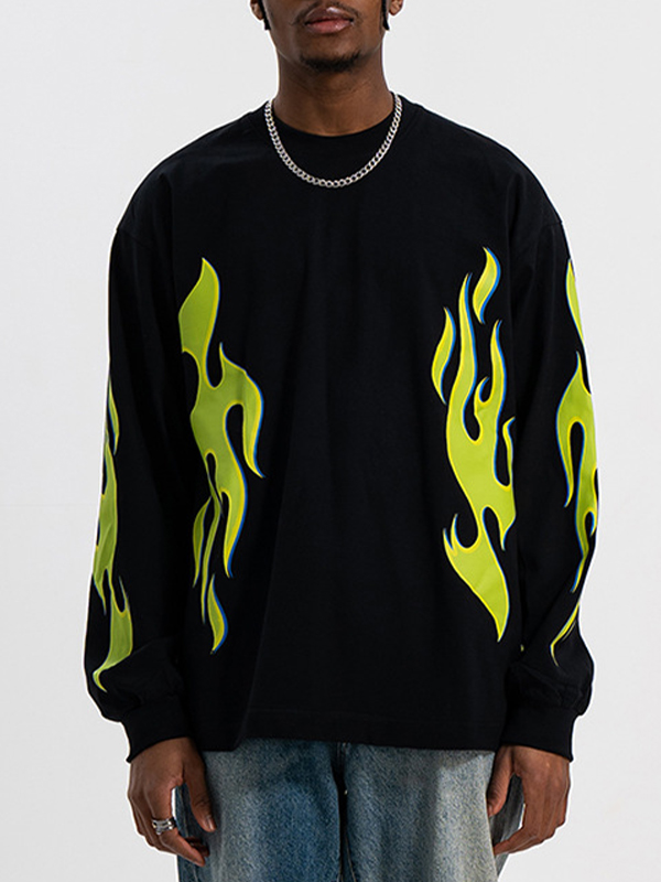 Camiseta de manga larga con estampado de llamas verde luminoso para hombre-4