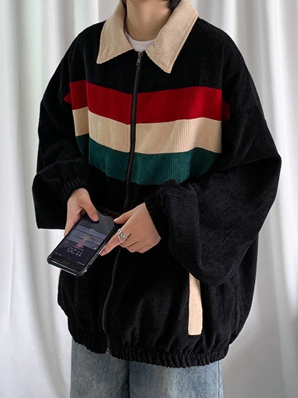 Chaqueta de pana de corte holgado a rayas para hombre-2