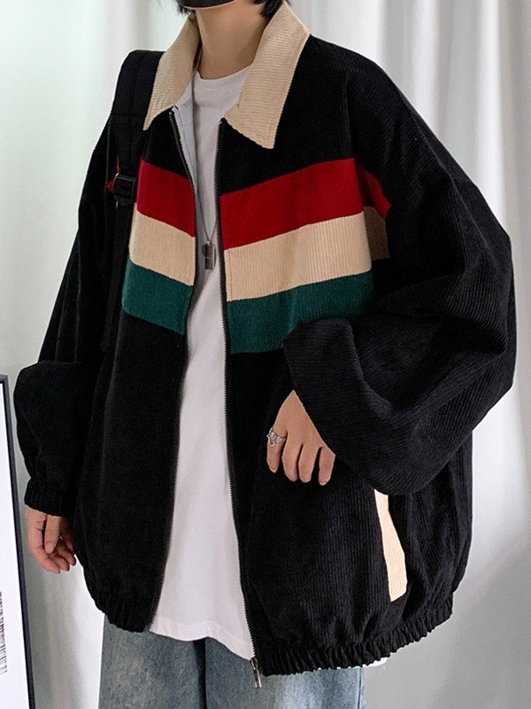 Chaqueta de pana de corte holgado a rayas para hombre-1