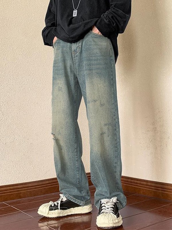 Jeans sueltos de mezclilla desgastada vintage para hombre-2