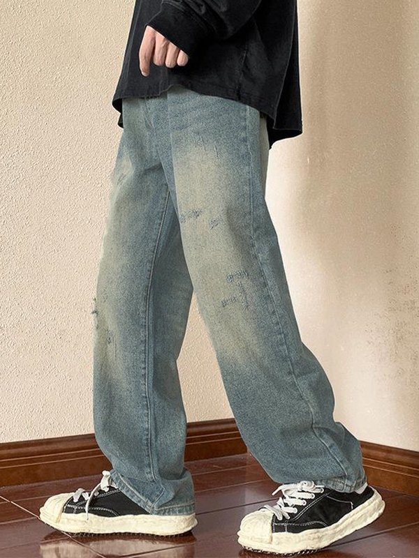 Jeans sueltos de mezclilla desgastada vintage para hombre-3