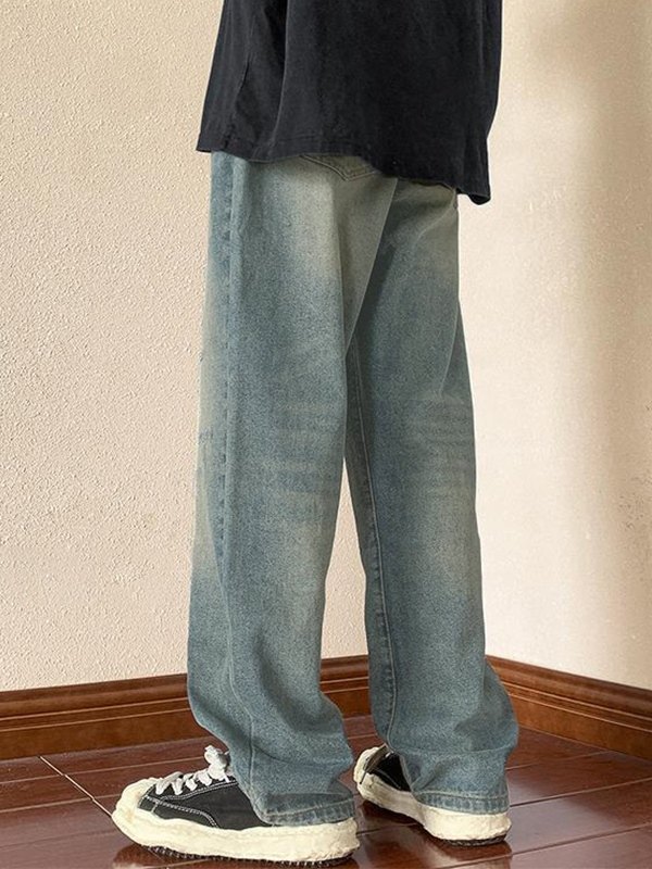Jeans sueltos de mezclilla desgastada vintage para hombre-4