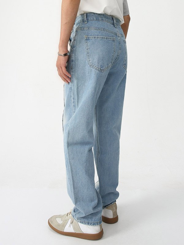Jeans rectos de mezclilla desgastada con costuras para hombre-3