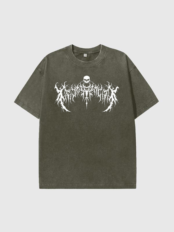 Camiseta de manga corta extragrande lavada con estampado oscuro para hombre-2