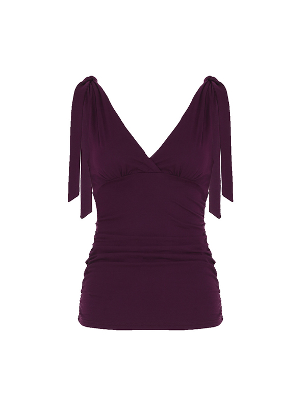 Camiseta vintage morada con cuello en V cruzado-2