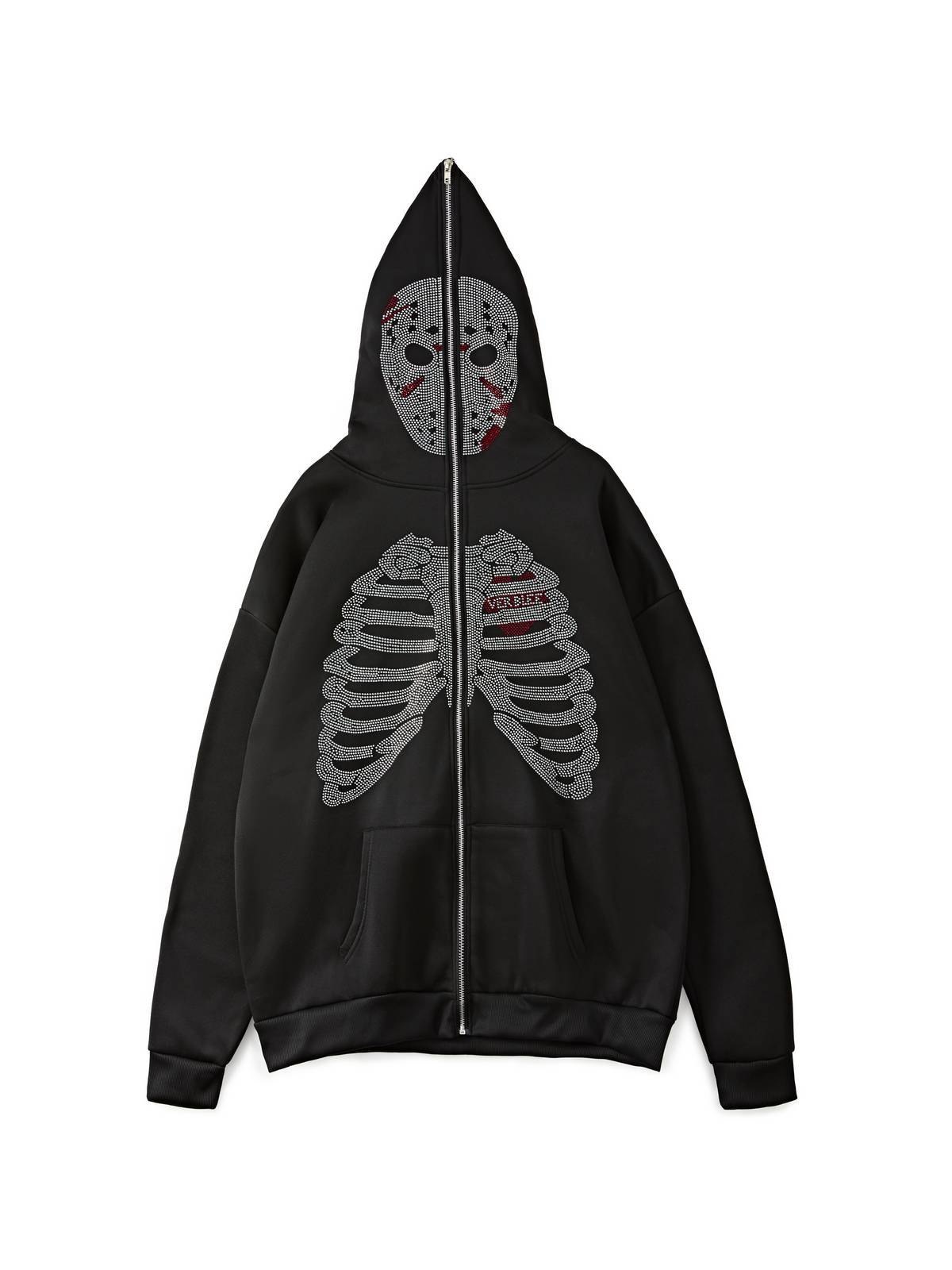 Sudadera con capucha y cremallera de calavera de diamantes de imitación de Halloween para hombre-2
