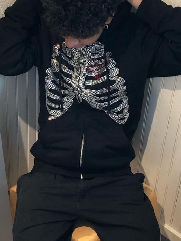 Sudadera con capucha y cremallera de calavera de diamantes de imitación de Halloween para hombre-1