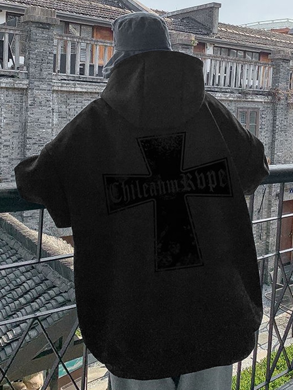 Sudadera extragrande con capucha y estampado de cruces de ante para hombre-1