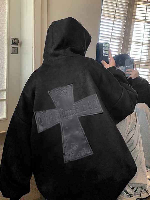 Sudadera extragrande con capucha y estampado de cruces de ante para hombre-2
