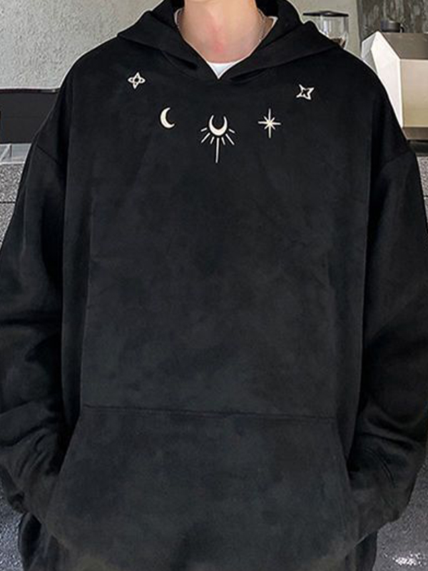 Sudadera con capucha extragrande con bordado de luna y estrella de ante para hombre-1