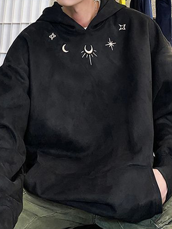 Sudadera con capucha extragrande con bordado de luna y estrella de ante para hombre-2