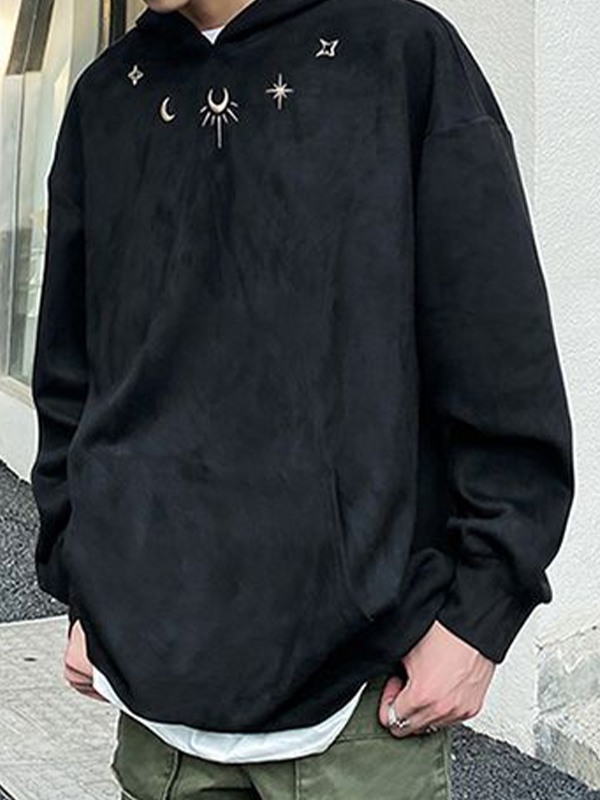 Sudadera con capucha extragrande con bordado de luna y estrella de ante para hombre-3