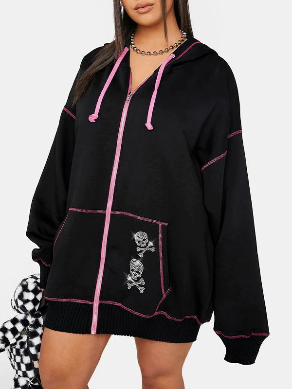 Sudadera con capucha extragrande con estampado de diamantes de imitación y calavera gótica-3
