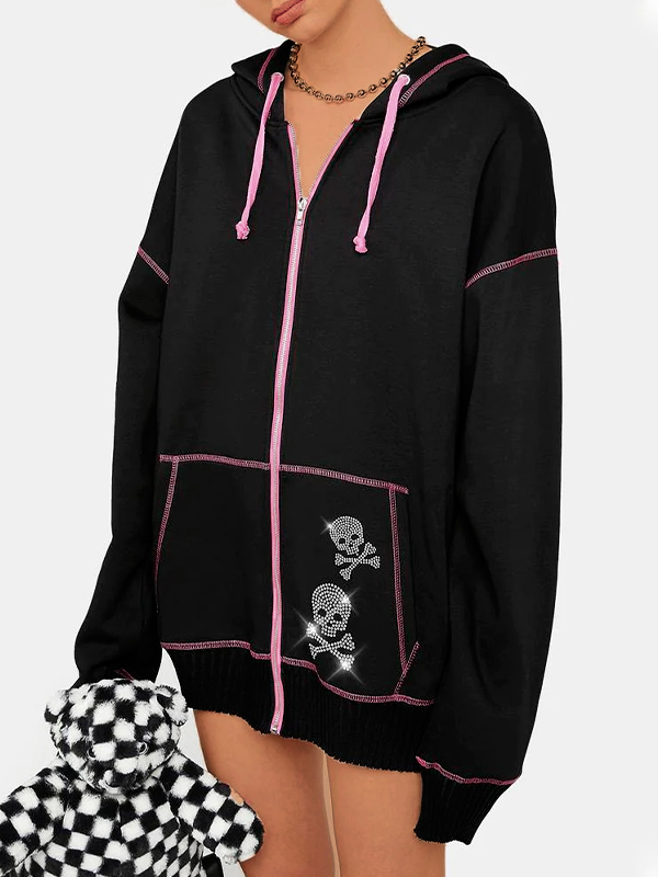 Sudadera con capucha extragrande con estampado de diamantes de imitación y calavera gótica-2