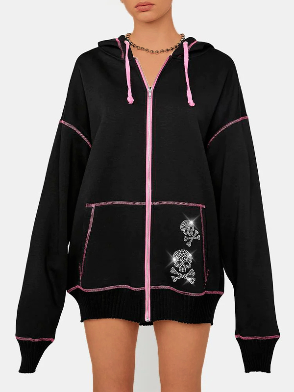 Sudadera con capucha extragrande con estampado de diamantes de imitación y calavera gótica-1
