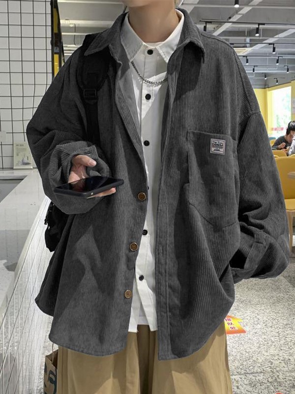 Camisa suelta de pana con botones para hombre-2