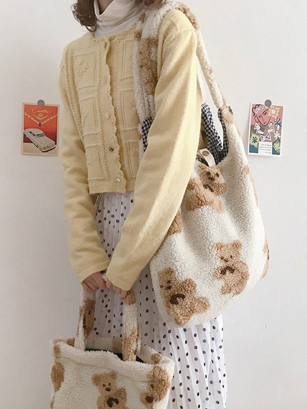 Bolso de hombro de forro polar con motivo de oso-2