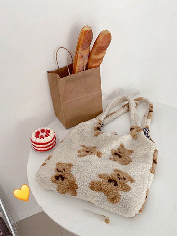 Bolso de hombro de forro polar con motivo de oso-3