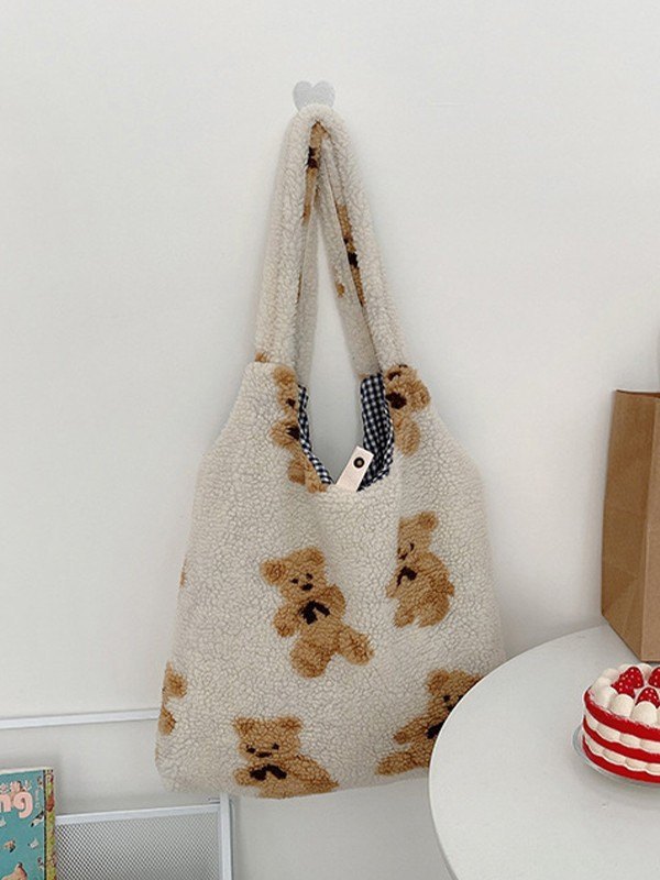 Bolso de hombro de forro polar con motivo de oso-4