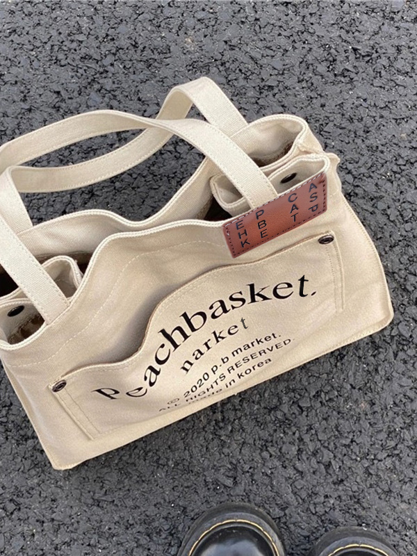 Bolso tote de lona de gran capacidad con estampado de letras-4