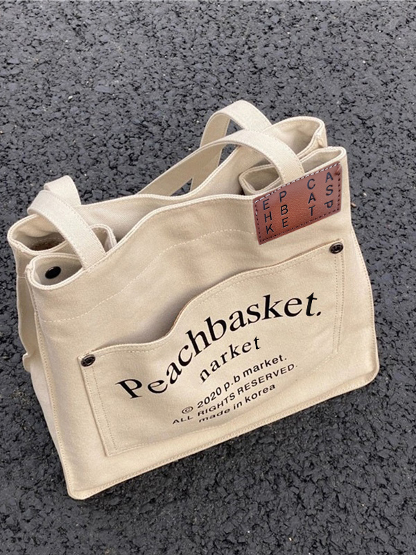 Bolso tote de lona de gran capacidad con estampado de letras-3
